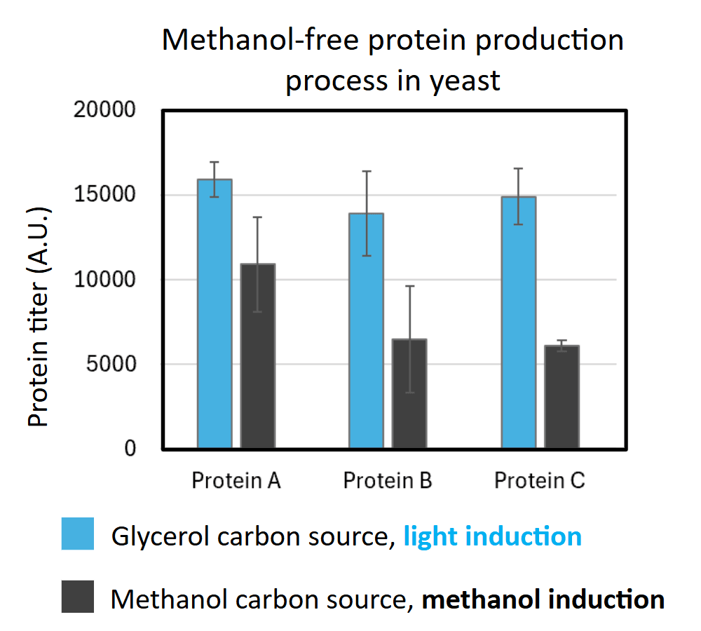 Methanol-free protein production in yeast — protein titer comparison across three proteins using light induction